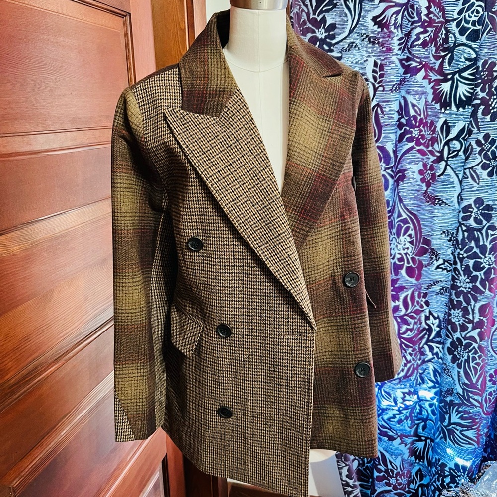 7 For All Mankind Brown Checkered Pea Coat
